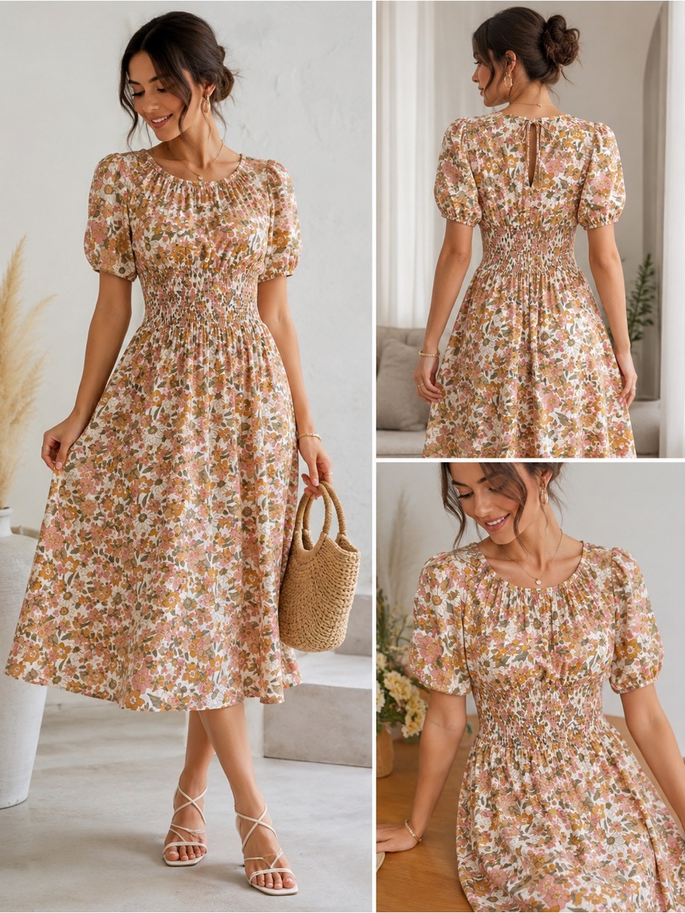 YH & Co Floral Smocked Waist Midi Dress | Size 8/S | Cottagecore Boho